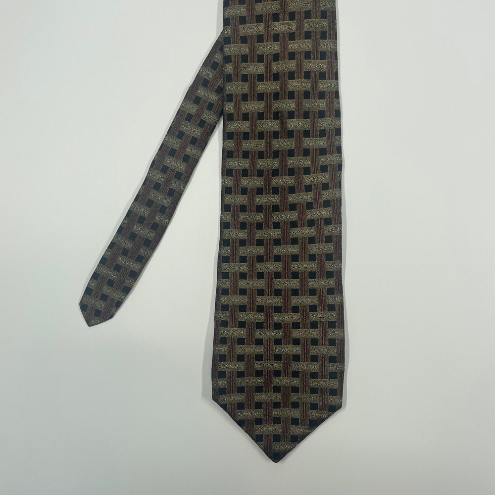 Innocenti Gold Burgundy Geometric Basketweave Silk Blend Necktie Mens OS